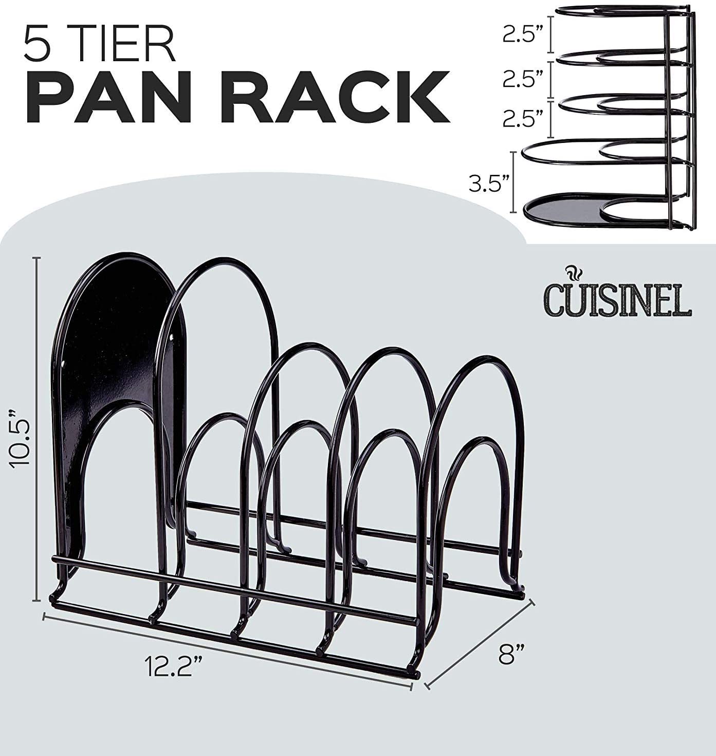 Heavy Duty Pan Organizer, 5 Tier Rack - Holds up to 50 LB - Holds Cast Iron Skillets, Griddles and Shallow Pots - Durable Steel Construction