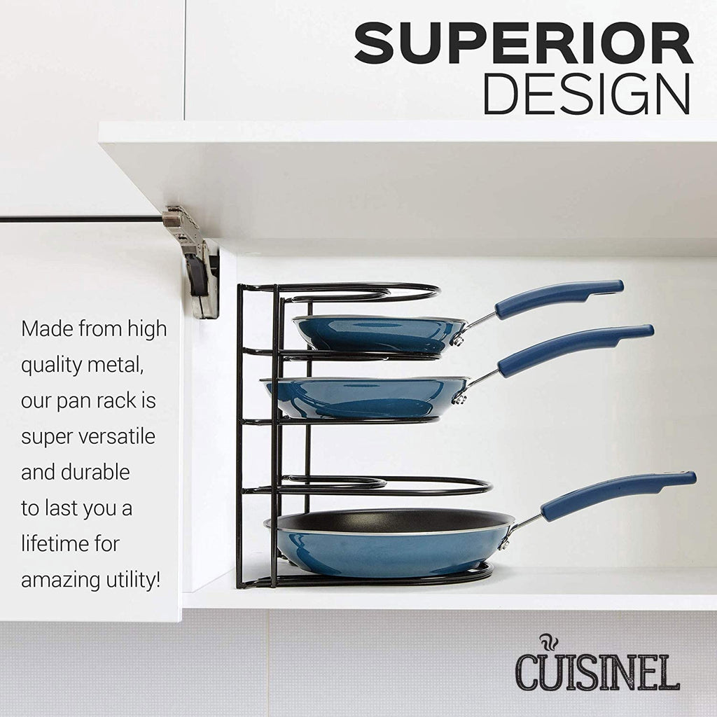 Heavy Duty Pan Organizer, 5 Tier Rack - Holds up to 50 LB - Holds Cast Iron Skillets, Griddles and Shallow Pots - Durable Steel Construction
