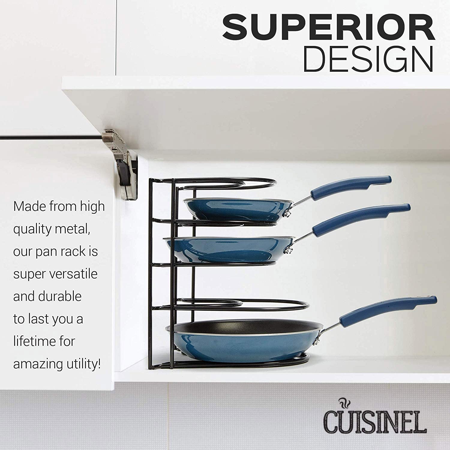 Heavy Duty Pan Organizer, 5 Tier Rack - Holds up to 50 LB - Holds Cast Iron Skillets, Griddles and Shallow Pots - Durable Steel Construction