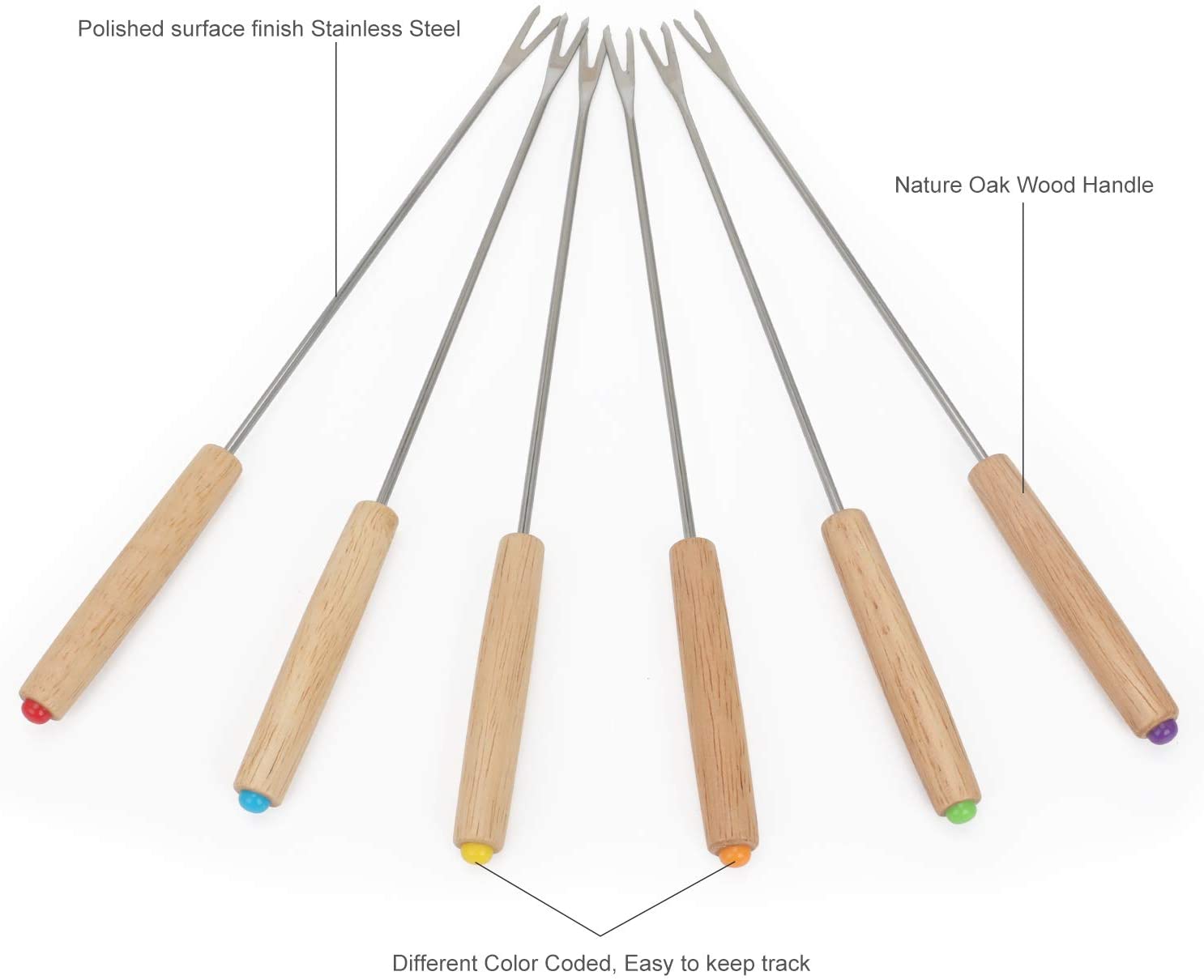 Fondue Fork, 18Pcs Stainless Steel Color Coding Fondue Forks with Oak Wood Handle Heat Resistant for Chocolate Fountain Cheese Fondue Roast Marshmallows, 9.5 Inch