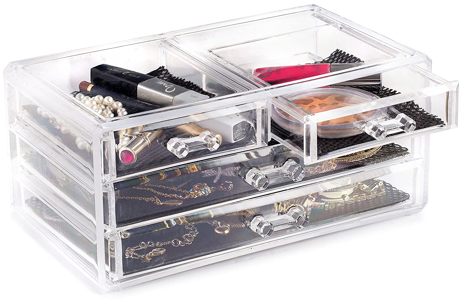 Clear Cosmetic Storage Organizer - Easily Organize Your Cosmetics, Jewelry and Hair Accessories. Looks Elegant Sitting on Your Vanity, Bathroom Counter or Dresser. Clear Design for Easy Visibility