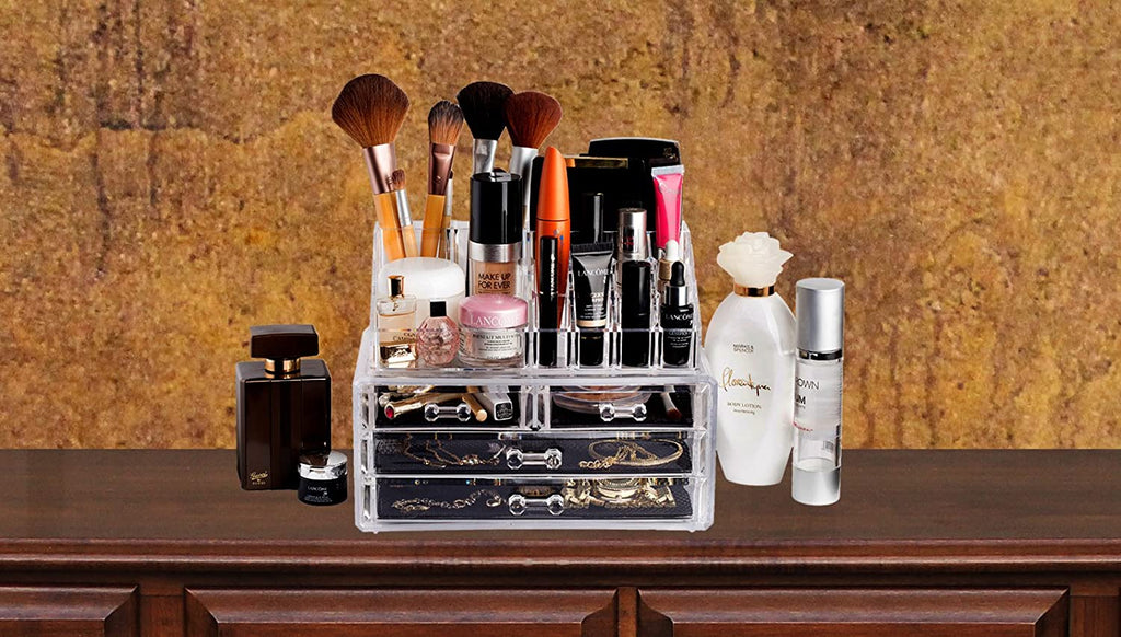 Clear Cosmetic Storage Organizer - Easily Organize Your Cosmetics, Jewelry and Hair Accessories. Looks Elegant Sitting on Your Vanity, Bathroom Counter or Dresser. Clear Design for Easy Visibility