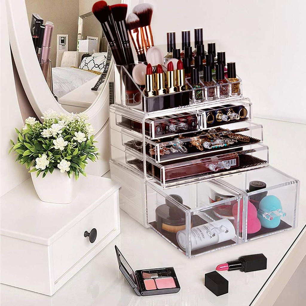 Makeup Organizer 3 Pieces Acrylic Cosmetic Storage Drawers and Jewelry Display Box, Clear