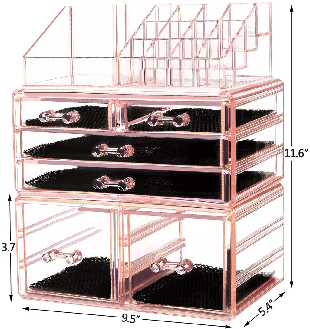 Makeup Organizer 3 Pieces Acrylic Cosmetic Storage Drawers and Jewelry Display Box, Pink