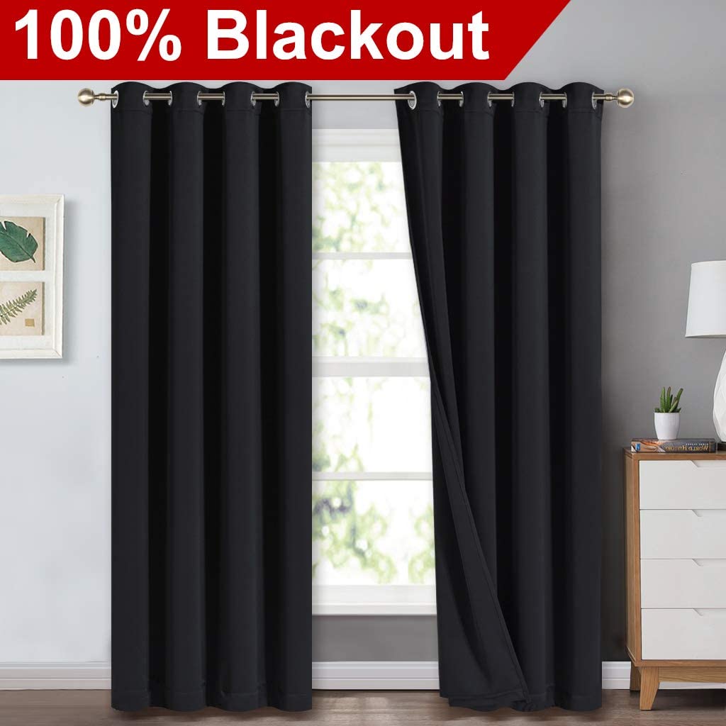 Bedroom Full Blackout Curtain Panels, Super Thick Insulated Grommet Drapes, Double-Layer Blackout Draperies with Black Liner for Small Window Set of 2 Panels Black