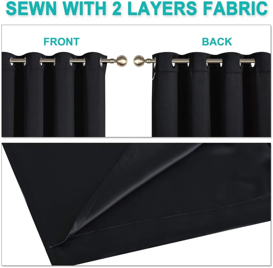 Bedroom Full Blackout Curtain Panels, Super Thick Insulated Grommet Drapes, Double-Layer Blackout Draperies with Black Liner for Small Window Set of 2 Panels Black