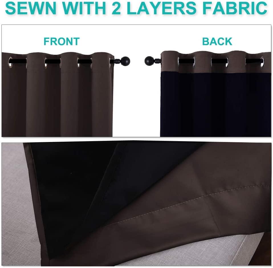 Bedroom Full Blackout Curtain Panels, Super Thick Insulated Grommet Drapes, Double-Layer Blackout Draperies with Black Liner for Small Window Set of 2 Panels Brown