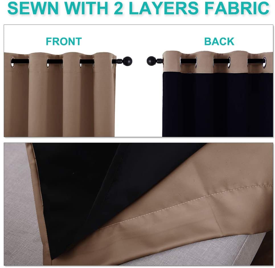 Bedroom Full Blackout Curtain Panels, Super Thick Insulated Grommet Drapes, Double-Layer Blackout Draperies with Black Liner for Small Window Set of 2 Panels Cappuccino