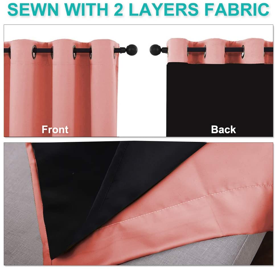 Bedroom Full Blackout Curtain Panels, Super Thick Insulated Grommet Drapes, Double-Layer Blackout Draperies with Black Liner for Small Window Set of 2 Panels Coral