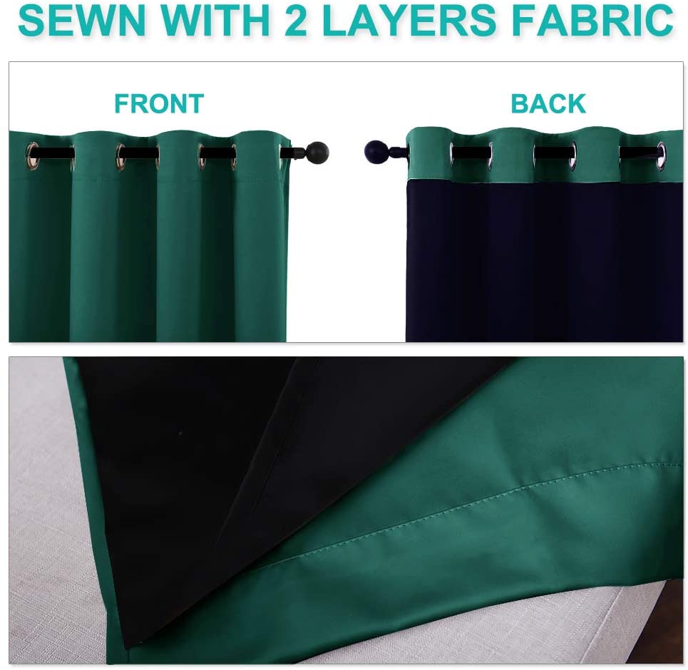 Bedroom Full Blackout Curtain Panels, Super Thick Insulated Grommet Drapes, Double-Layer Blackout Draperies with Black Liner for Small Window Set of 2 Panels  Hunter Green
