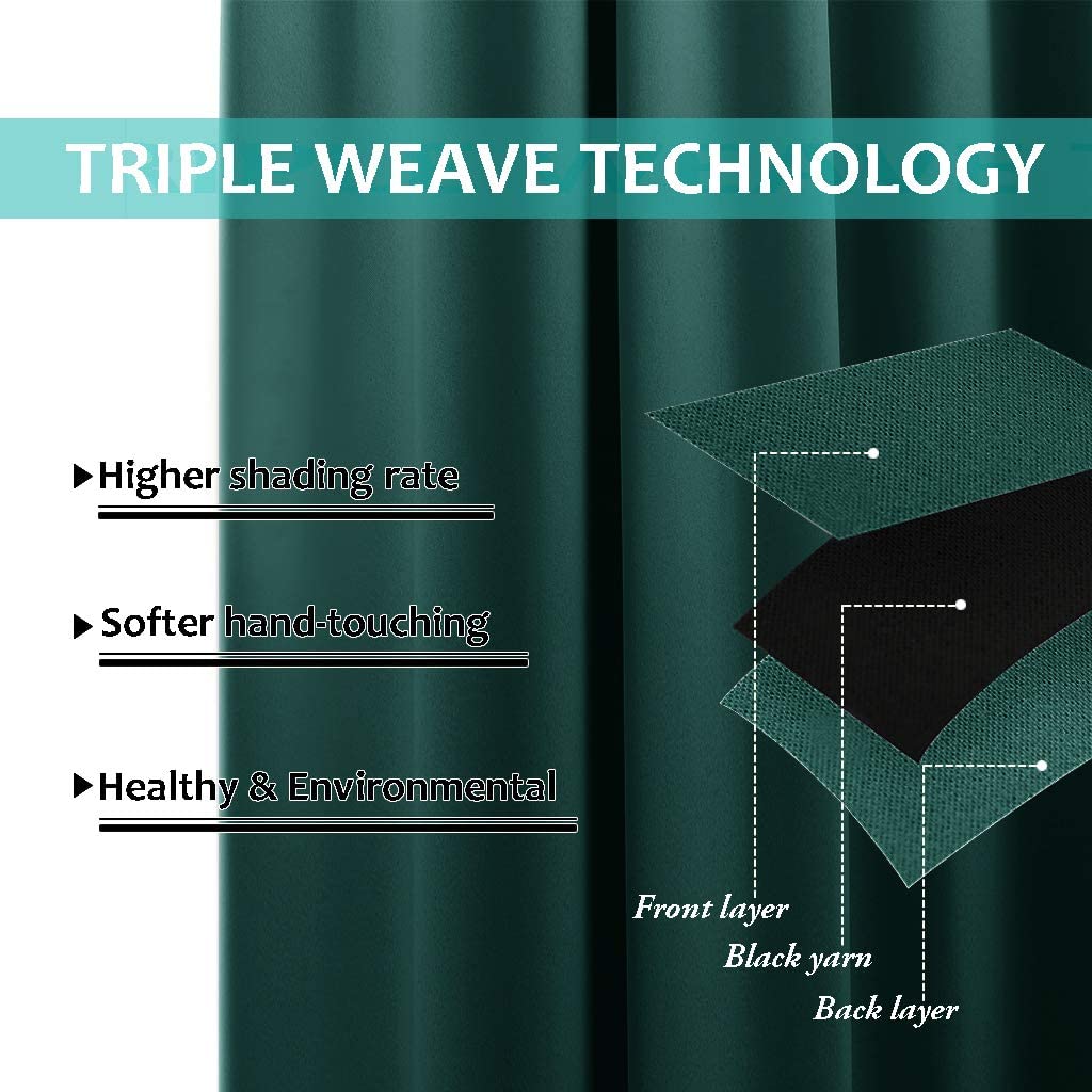 Bedroom Full Blackout Curtain Panels, Super Thick Insulated Grommet Drapes, Double-Layer Blackout Draperies with Black Liner for Small Window Set of 2 Panels  Hunter Green