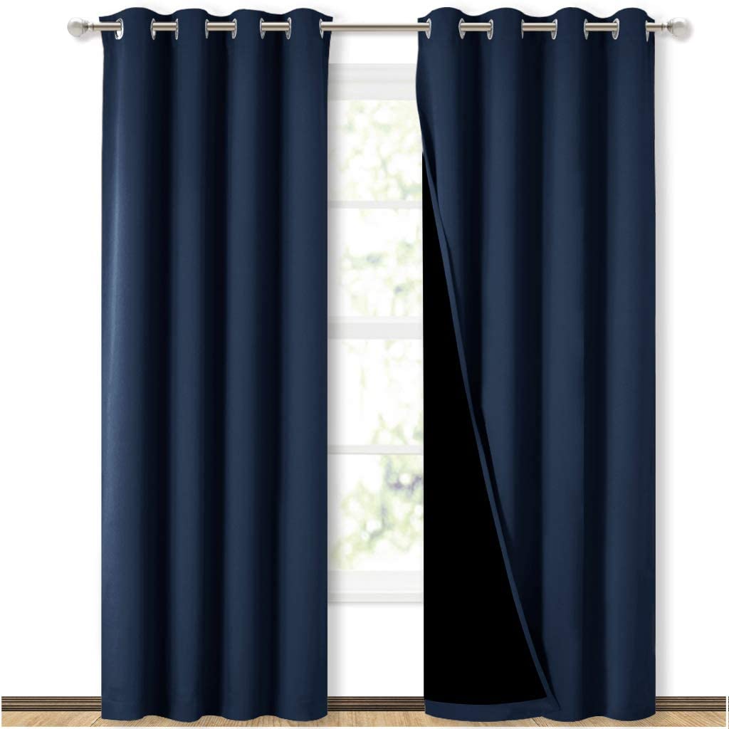 Bedroom Full Blackout Curtain Panels, Super Thick Insulated Grommet Drapes, Double-Layer Blackout Draperies with Black Liner for Small Window Set of 2 Panels Navy