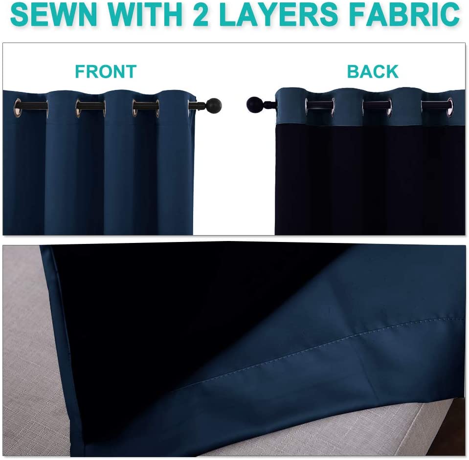 Bedroom Full Blackout Curtain Panels, Super Thick Insulated Grommet Drapes, Double-Layer Blackout Draperies with Black Liner for Small Window Set of 2 Panels Navy