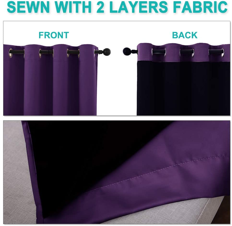 Bedroom Full Blackout Curtain Panels, Super Thick Insulated Grommet Drapes, Double-Layer Blackout Draperies with Black Liner for Small Window Set of 2 Panels Royal Purple