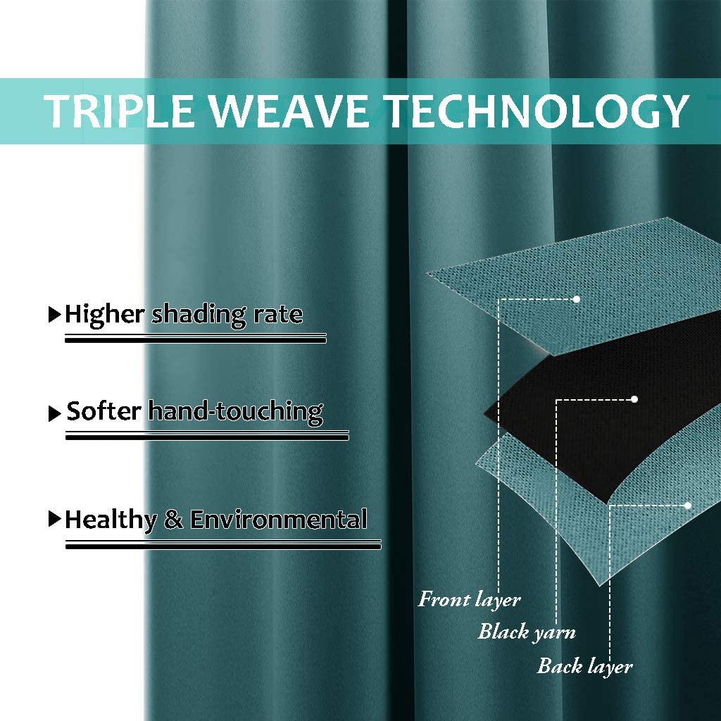 Bedroom Full Blackout Curtain Panels, Super Thick Insulated Grommet Drapes, Double-Layer Blackout Draperies with Black Liner for Small Window Set of 2 Panels  Sea Teal