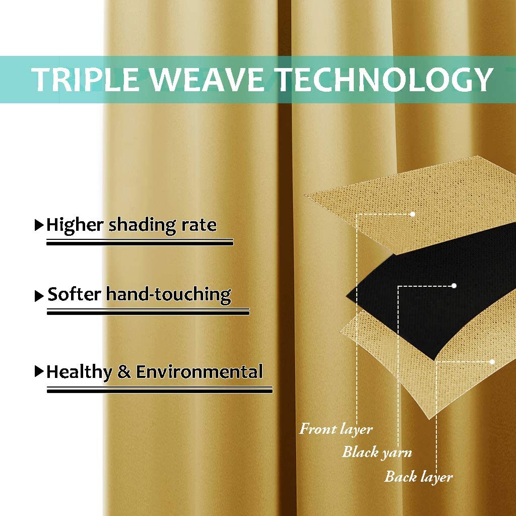 Bedroom Full Blackout Curtain Panels, Super Thick Insulated Grommet Drapes, Double-Layer Blackout Draperies with Black Liner for Small Window Set of 2 Panels Yellow