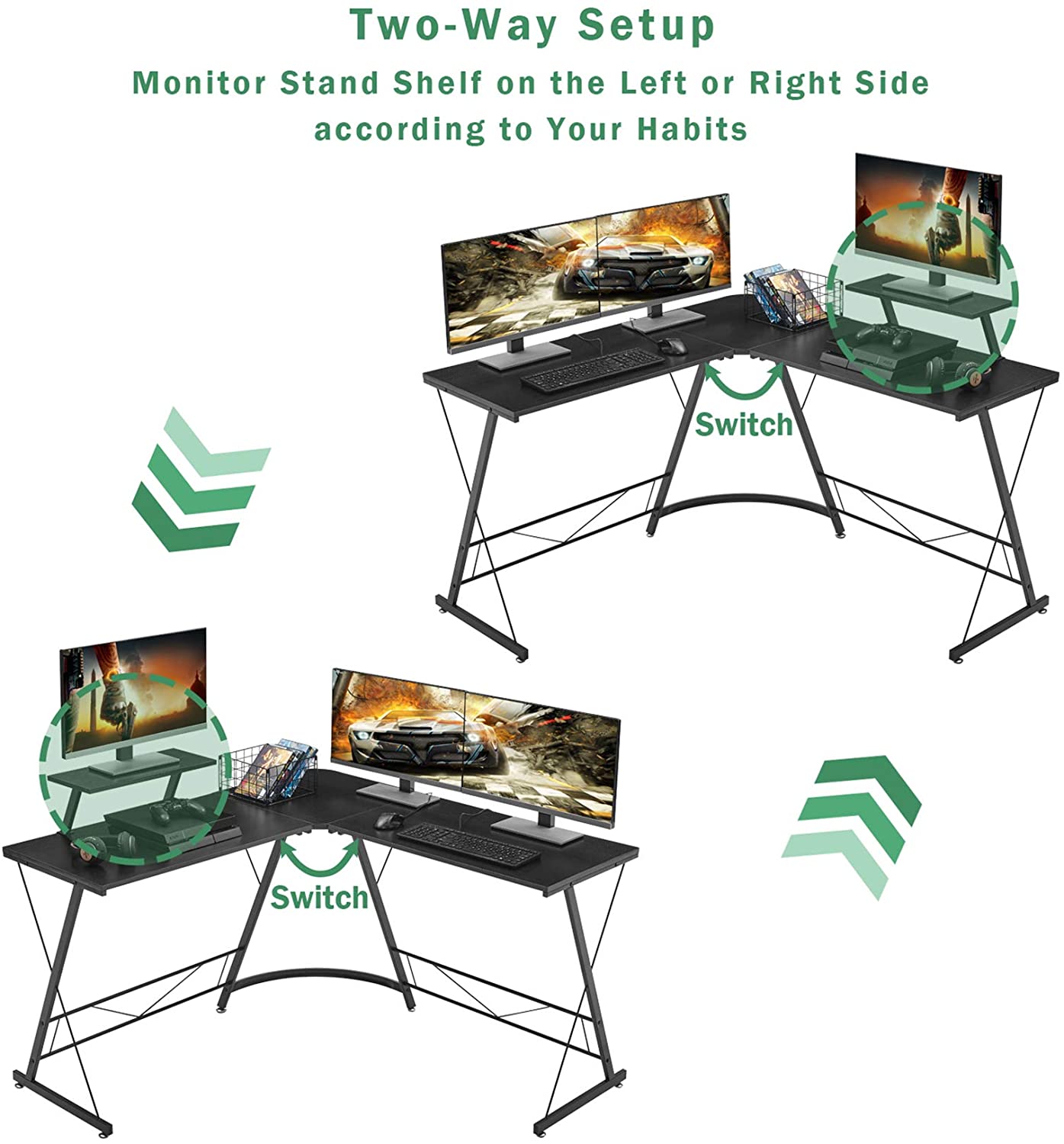 L-Shaped Desk 50.8" Computer Corner Desk, Home Gaming Desk, Office Writing Workstation with Large Monitor Stand, Space-Saving, Easy to Assemble, Black