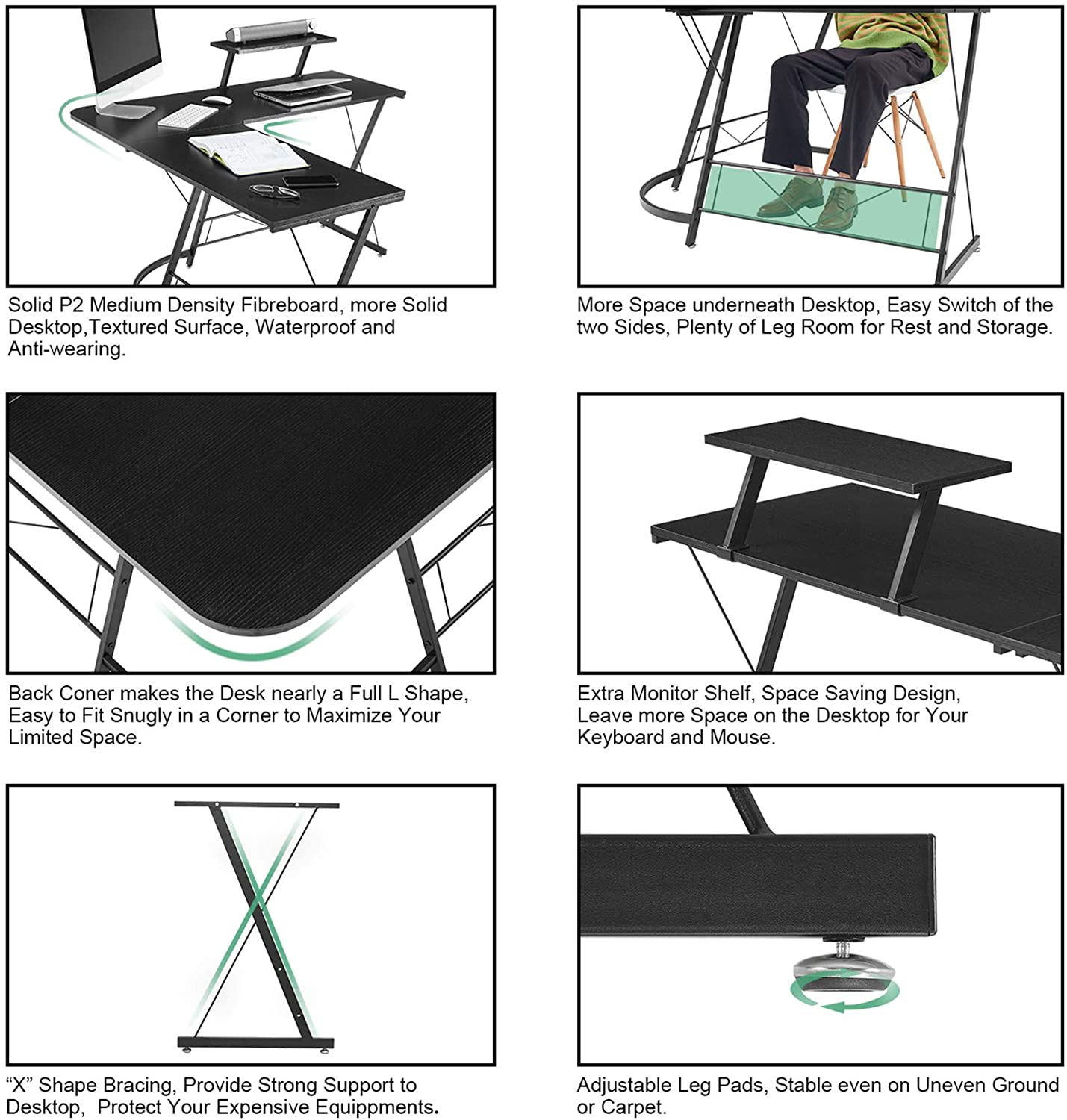 L-Shaped Desk 50.8" Computer Corner Desk, Home Gaming Desk, Office Writing Workstation with Large Monitor Stand, Space-Saving, Easy to Assemble, Black
