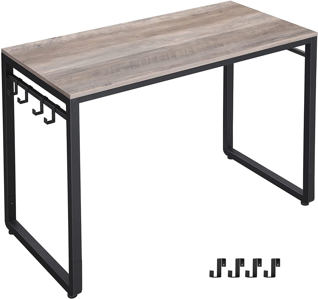ALINRU 39-Inch Computer Desk with 8 Hooks, For Study, Home Office, Easy Assembly, Steel Frame, 39.4", Greige