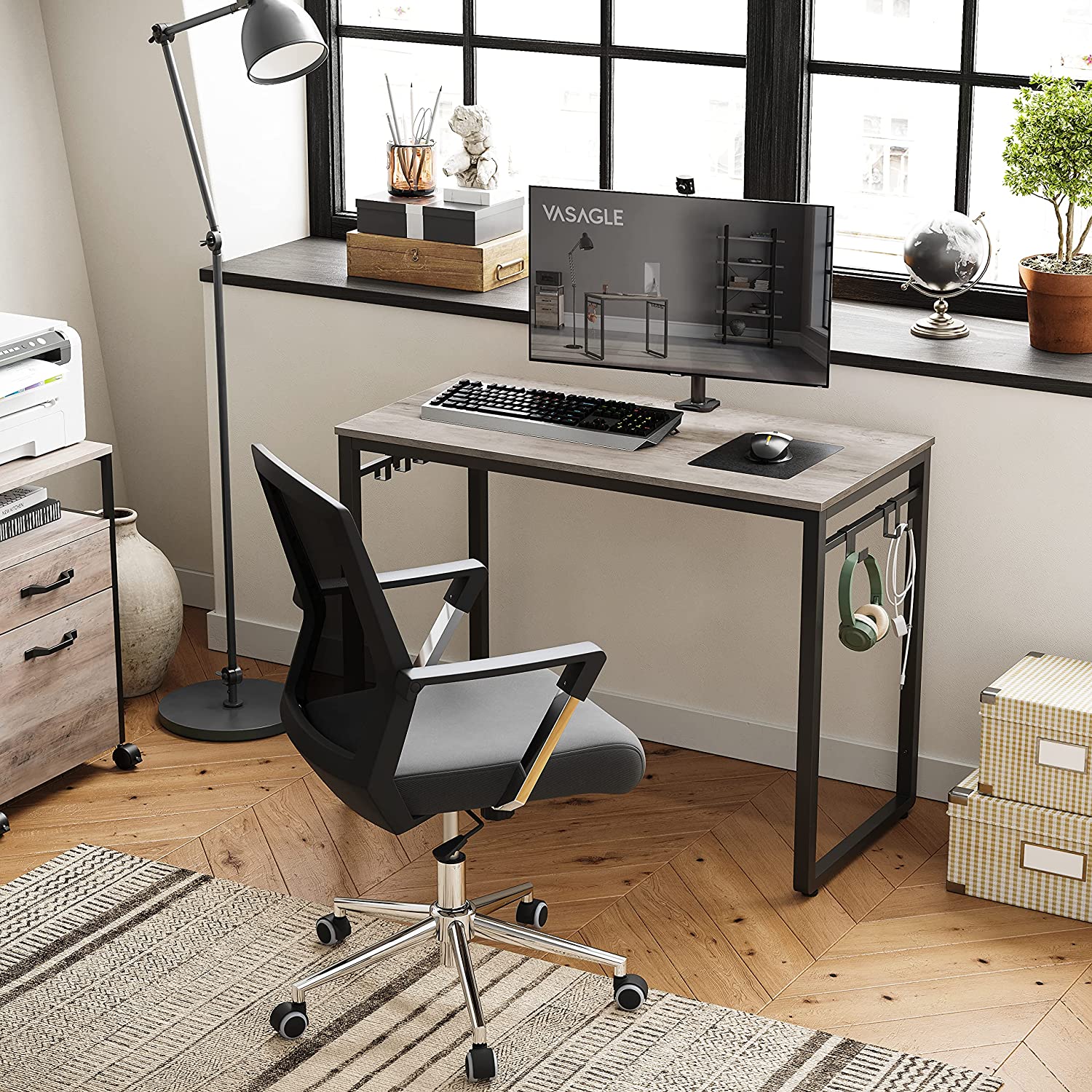ALINRU 39-Inch Computer Desk with 8 Hooks, For Study, Home Office, Easy Assembly, Steel Frame, 39.4", Greige
