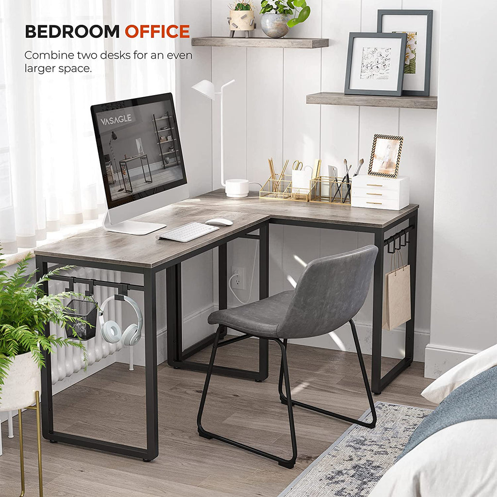 ALINRU 39-Inch Computer Desk with 8 Hooks, For Study, Home Office, Easy Assembly, Steel Frame, 39.4", Greige