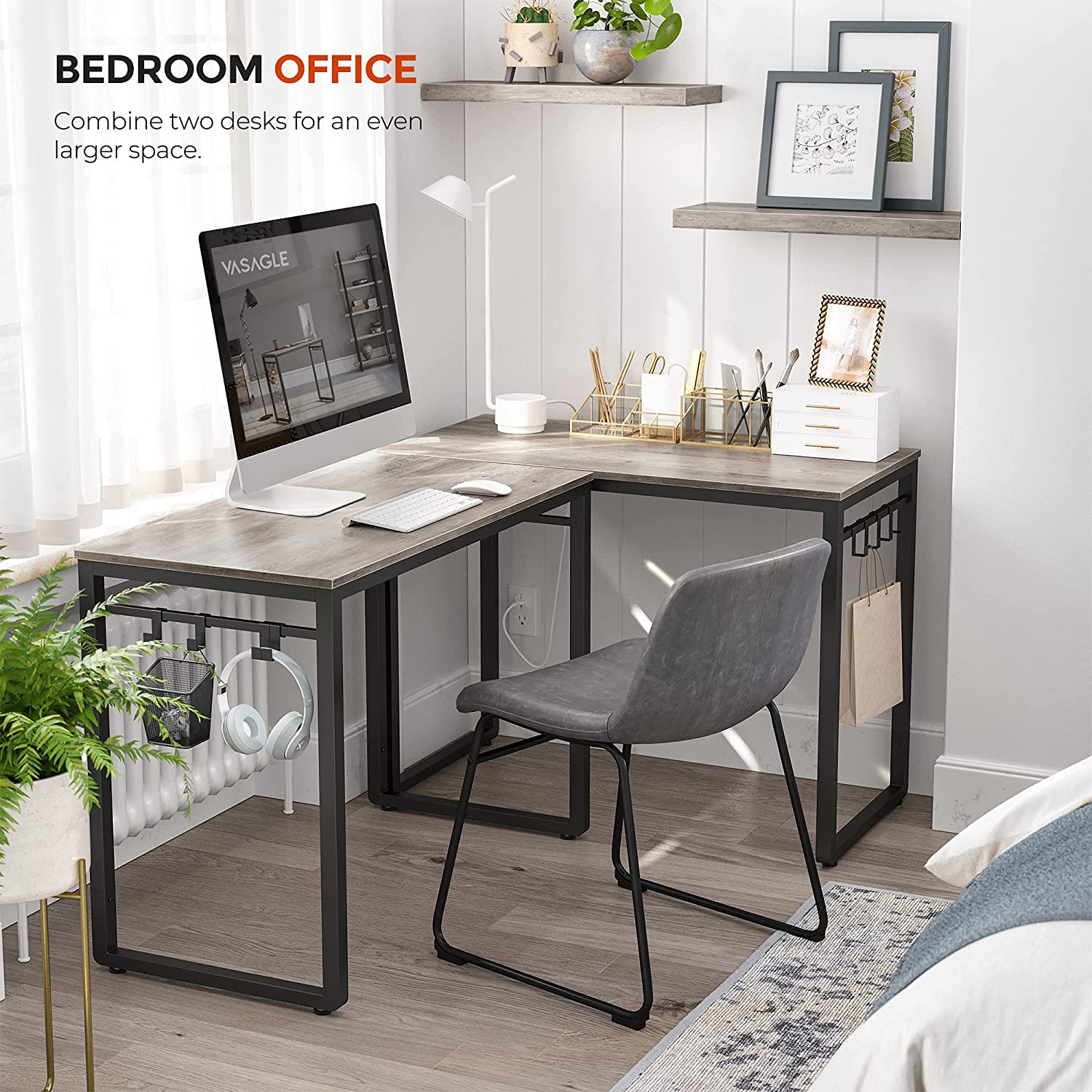 ALINRU 39-Inch Computer Desk with 8 Hooks, For Study, Home Office, Easy Assembly, Steel Frame, 39.4", Greige