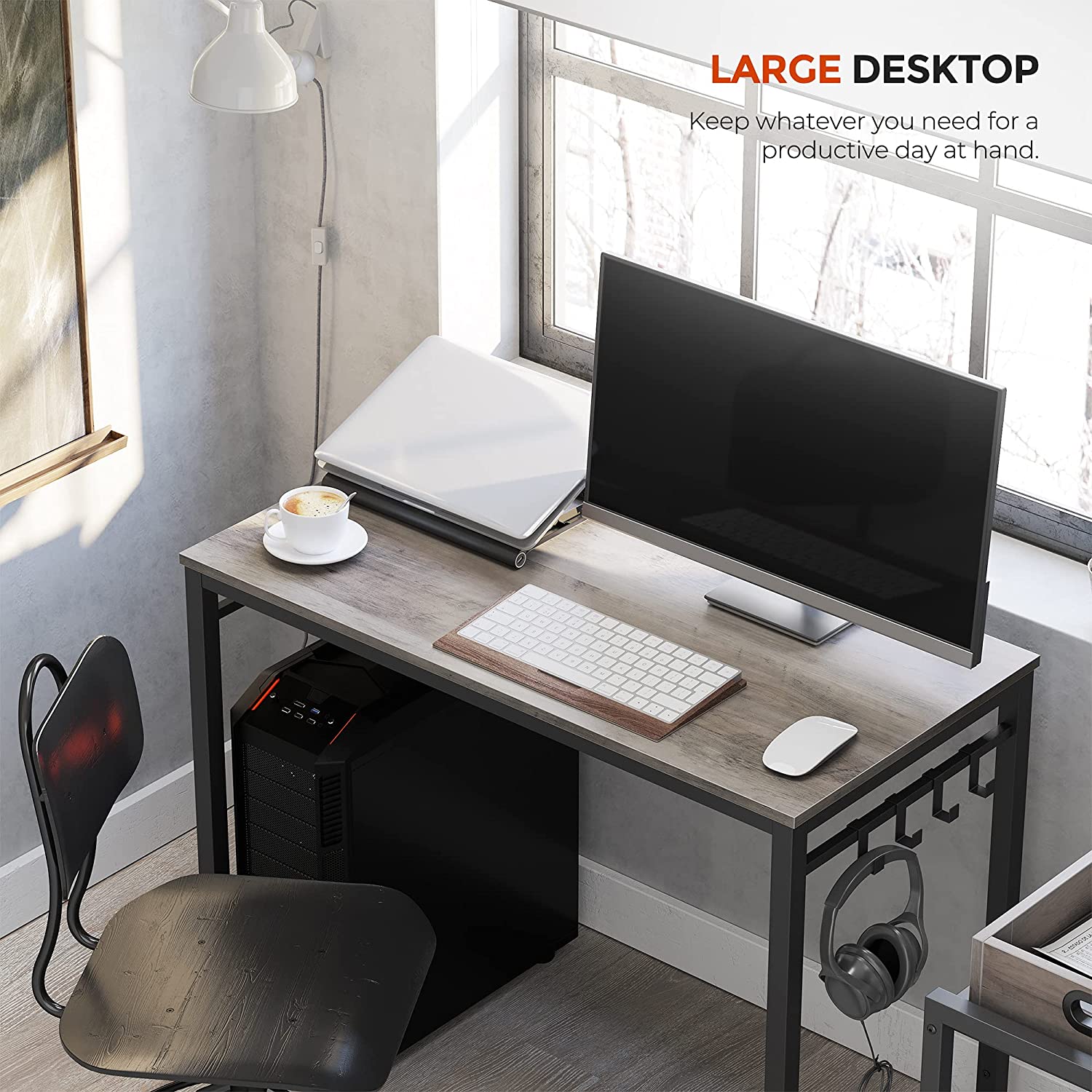 ALINRU 39-Inch Computer Desk with 8 Hooks, For Study, Home Office, Easy Assembly, Steel Frame, 39.4", Greige
