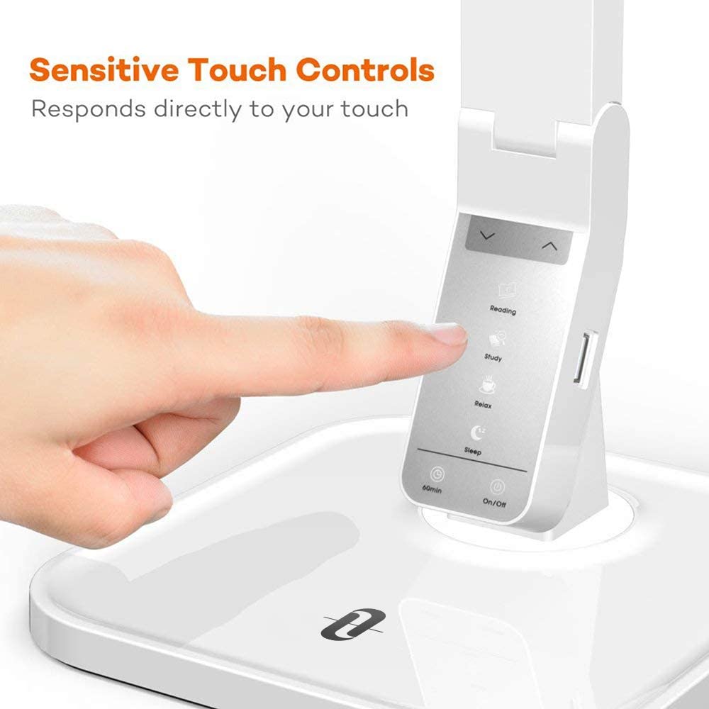 TT-DL02 LED Desk Lamp with USB Charging Port, 4 Lighting Modes with 5 Brightness Levels, 1h Timer, Touch Control, Memory Function, White, 14W, Official Member of Philips Enabled Licensing