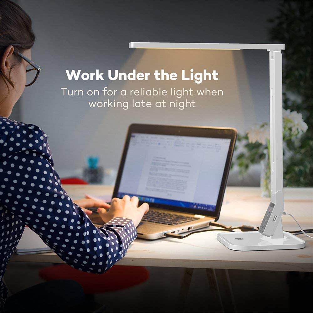 TT-DL02 LED Desk Lamp with USB Charging Port, 4 Lighting Modes with 5 Brightness Levels, 1h Timer, Touch Control, Memory Function, White, 14W, Official Member of Philips Enabled Licensing