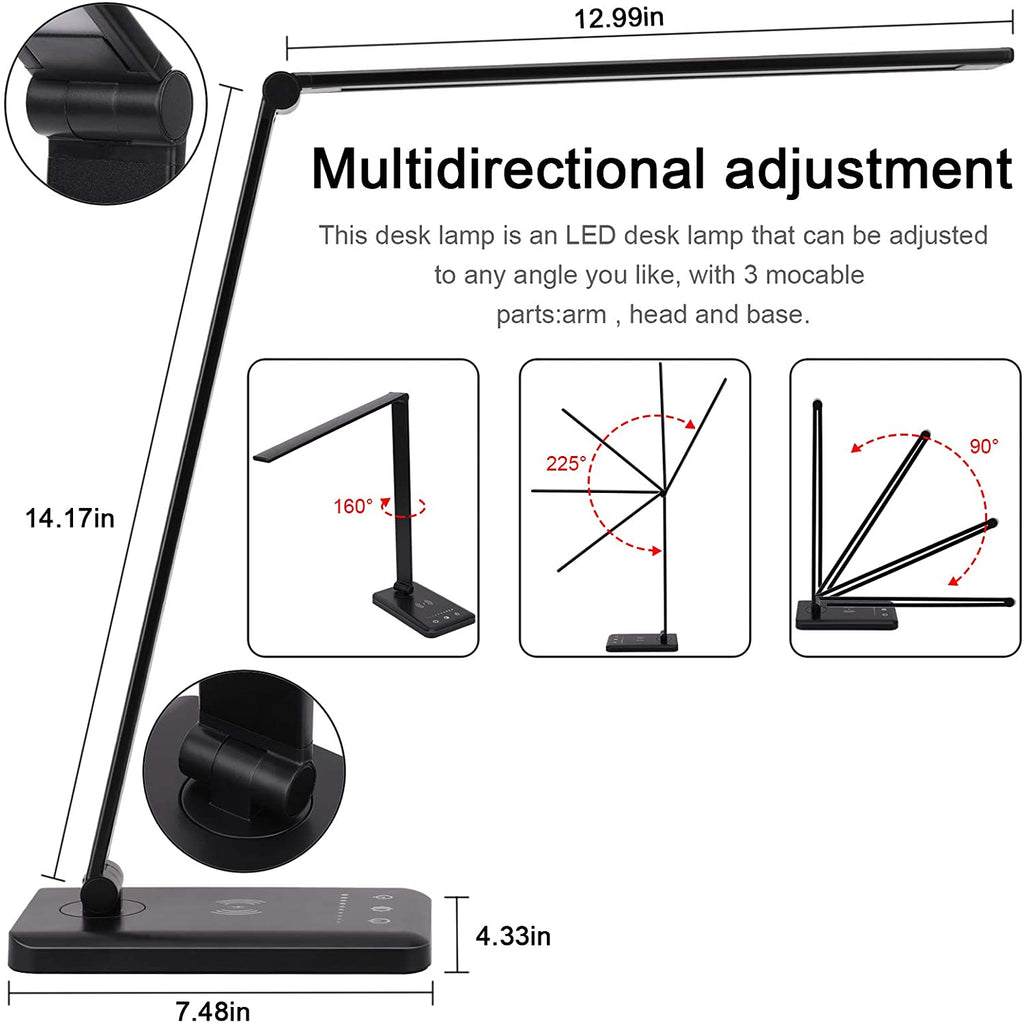 LED Desk Lamp with Wireless Charger, USB Charging Port, 5 Brightness Levels, 5 Lighting Modes, Touch Control, 30/60 min Auto Timer, Eye-Caring Office Lamp with Adapter (Black)
