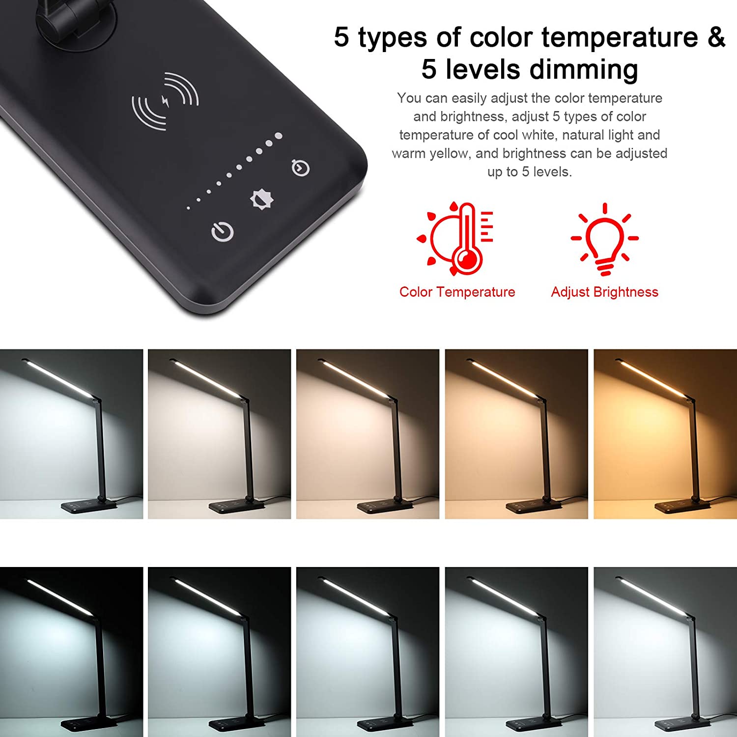 LED Desk Lamp with Wireless Charger, USB Charging Port, 5 Brightness Levels, 5 Lighting Modes, Touch Control, 30/60 min Auto Timer, Eye-Caring Office Lamp with Adapter (Black)