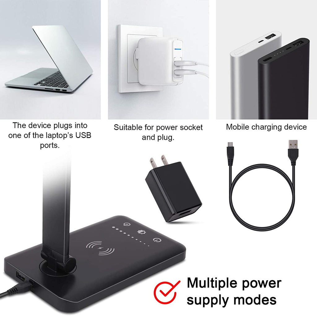 LED Desk Lamp with Wireless Charger, USB Charging Port, 5 Brightness Levels, 5 Lighting Modes, Touch Control, 30/60 min Auto Timer, Eye-Caring Office Lamp with Adapter (Black)