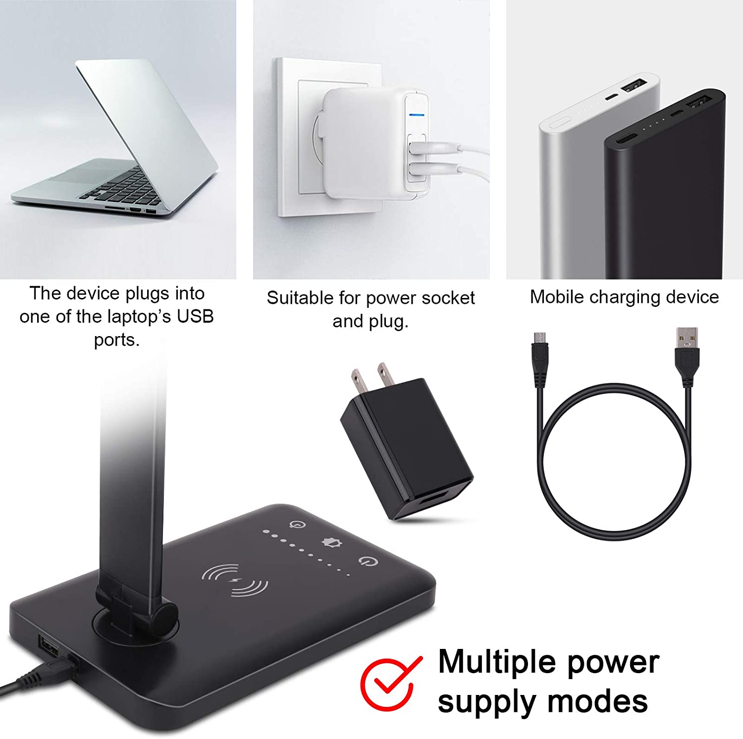 LED Desk Lamp with Wireless Charger, USB Charging Port, 5 Brightness Levels, 5 Lighting Modes, Touch Control, 30/60 min Auto Timer, Eye-Caring Office Lamp with Adapter (Black)