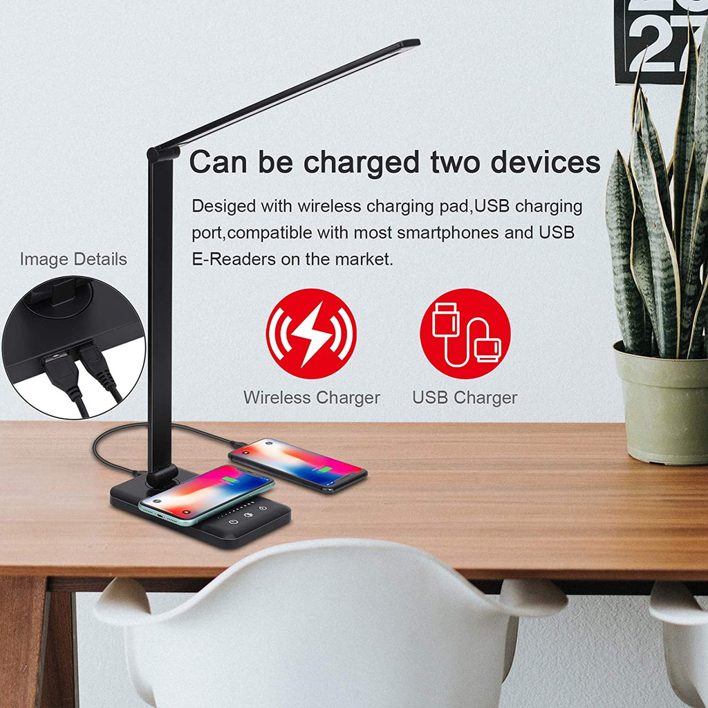 LED Desk Lamp with Wireless Charger, USB Charging Port, 5 Brightness Levels, 5 Lighting Modes, Touch Control, 30/60 min Auto Timer, Eye-Caring Office Lamp with Adapter (Black)