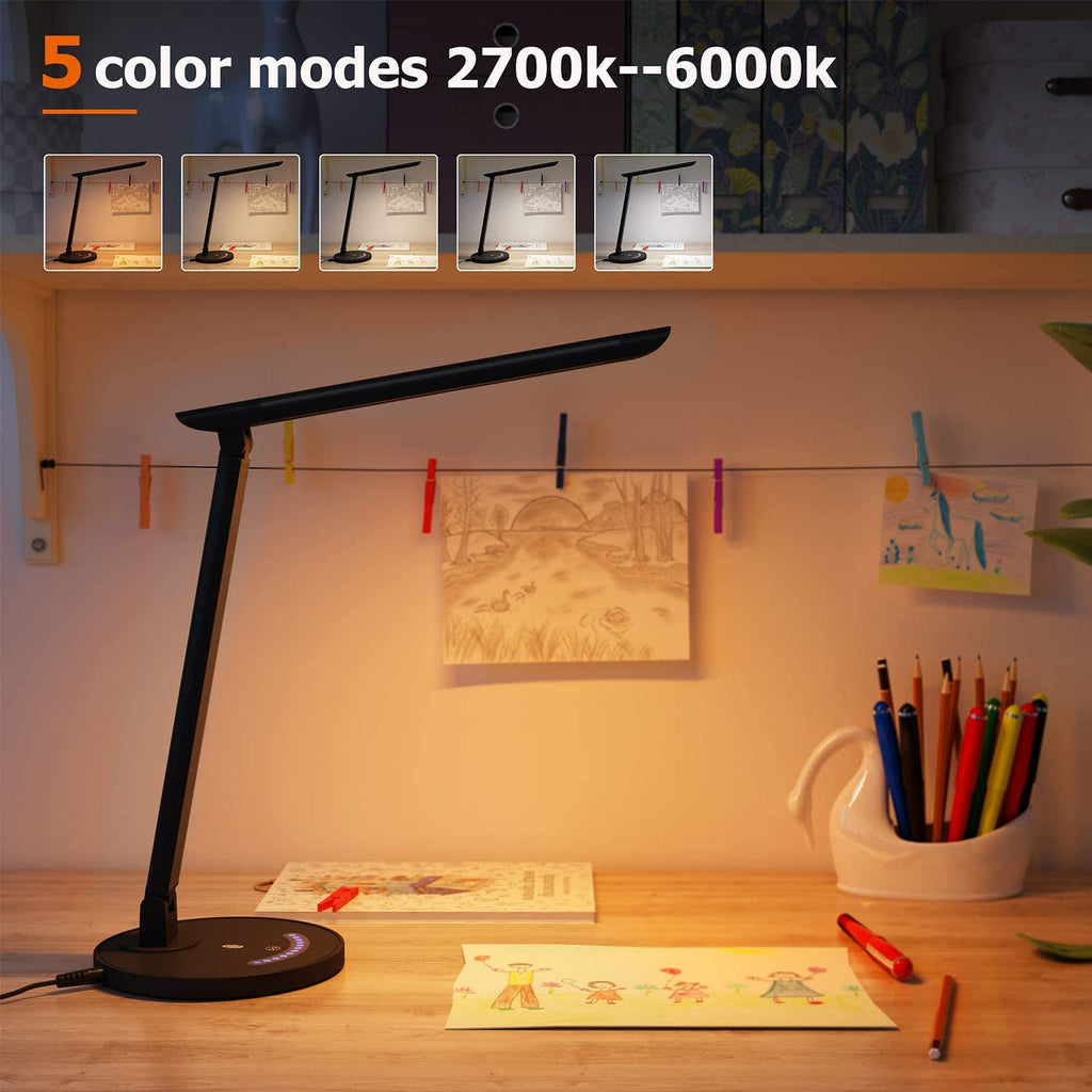 TT-DL13B LED Desk Lamp Eye-caring Table Lamps, Dimmable Office Lamp with USB Charging Port, Touch Control, 12W, 5 Color Modes, Philips EnabLED Licensing Program (Black)