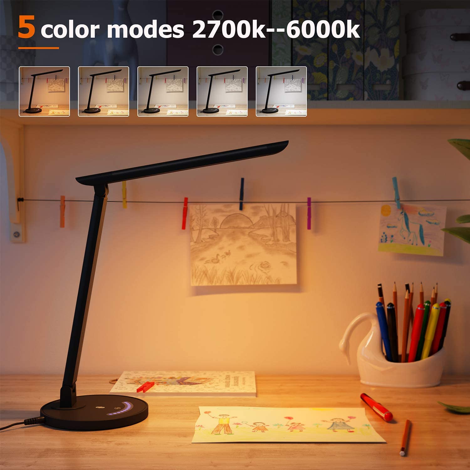 TT-DL13B LED Desk Lamp Eye-caring Table Lamps, Dimmable Office Lamp with USB Charging Port, Touch Control, 12W, 5 Color Modes, Philips EnabLED Licensing Program (Black)