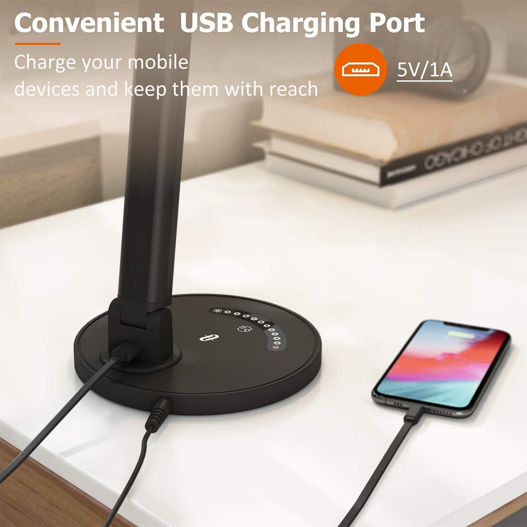 TT-DL13B LED Desk Lamp Eye-caring Table Lamps, Dimmable Office Lamp with USB Charging Port, Touch Control, 12W, 5 Color Modes, Philips EnabLED Licensing Program (Black)