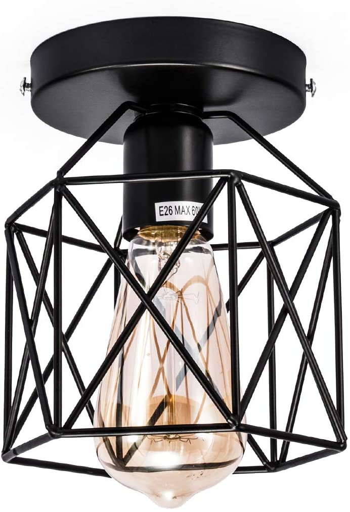 Semi-Flush Mount Ceiling Light E26 E27 Retro Black Industrial Ceiling Light Fixture for Porch Hallway Kitchen Farmhouse Lighting 2 Pack