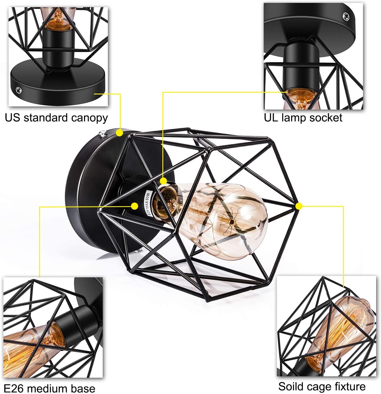 Semi-Flush Mount Ceiling Light E26 E27 Retro Black Industrial Ceiling Light Fixture for Porch Hallway Kitchen Farmhouse Lighting 2 Pack