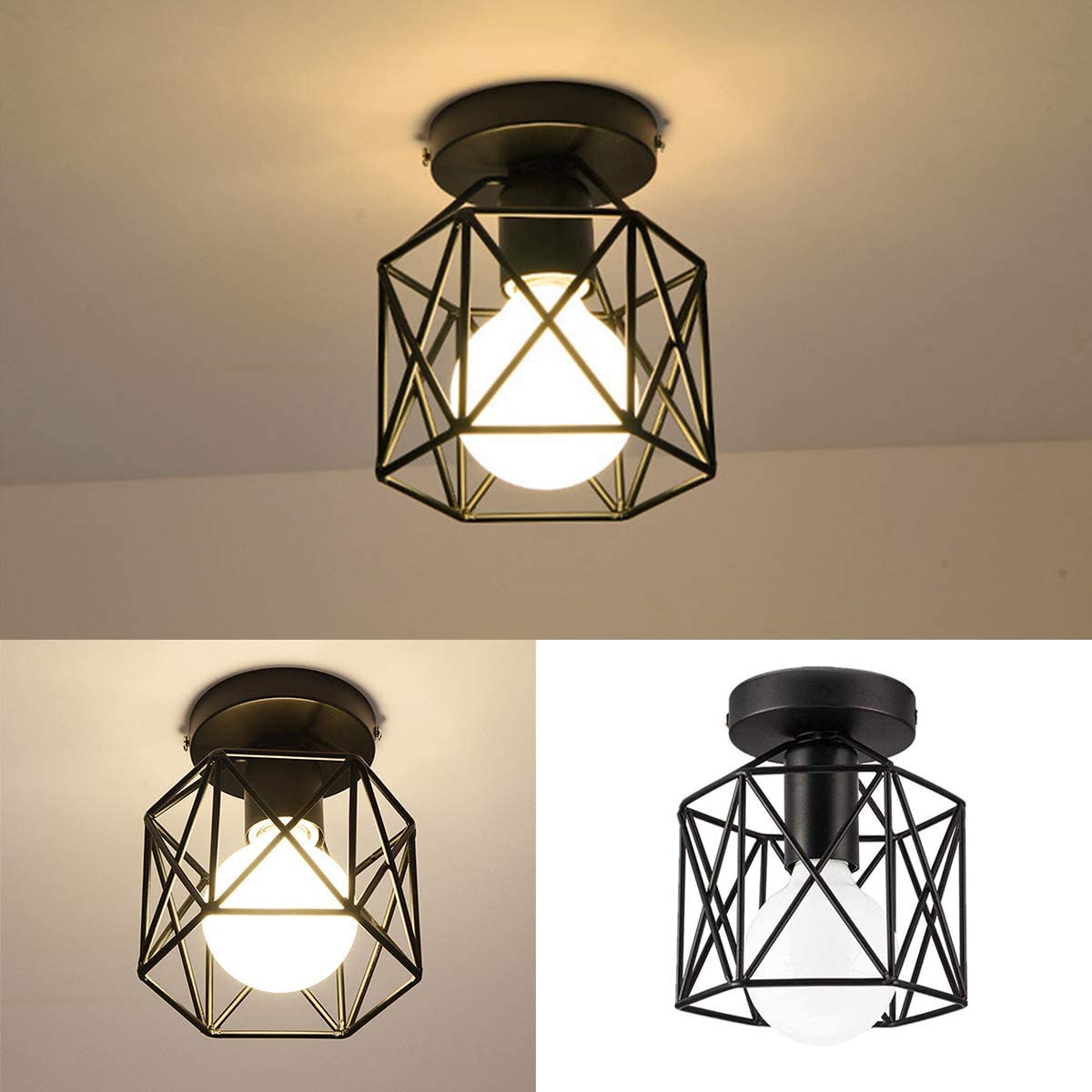 Semi-Flush Mount Ceiling Light E26 E27 Retro Black Industrial Ceiling Light Fixture for Porch Hallway Kitchen Farmhouse Lighting 2 Pack