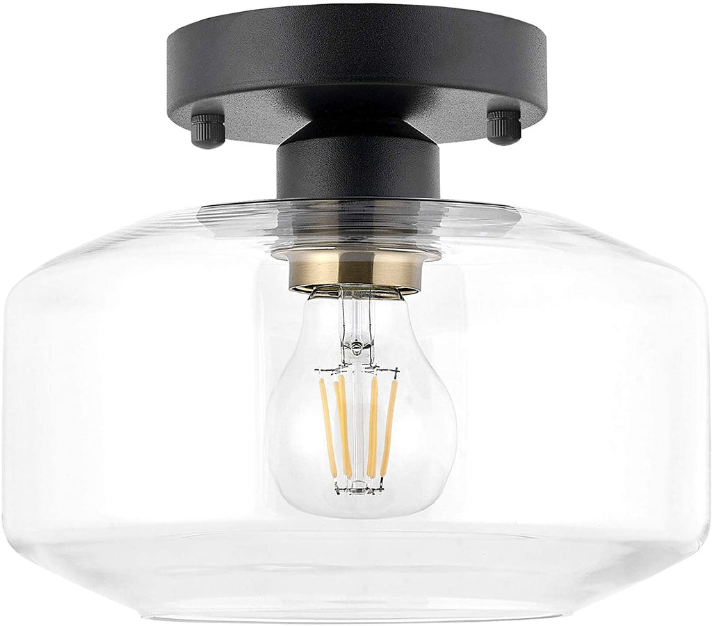 Semi Flush Ceiling Light, Brass Accent Socket, Upgraded Canopy, Matte Black Ceiling Light Fixture with Clear Glass for Hallway, Entryway, Dining Room, Bedroom,Living Room