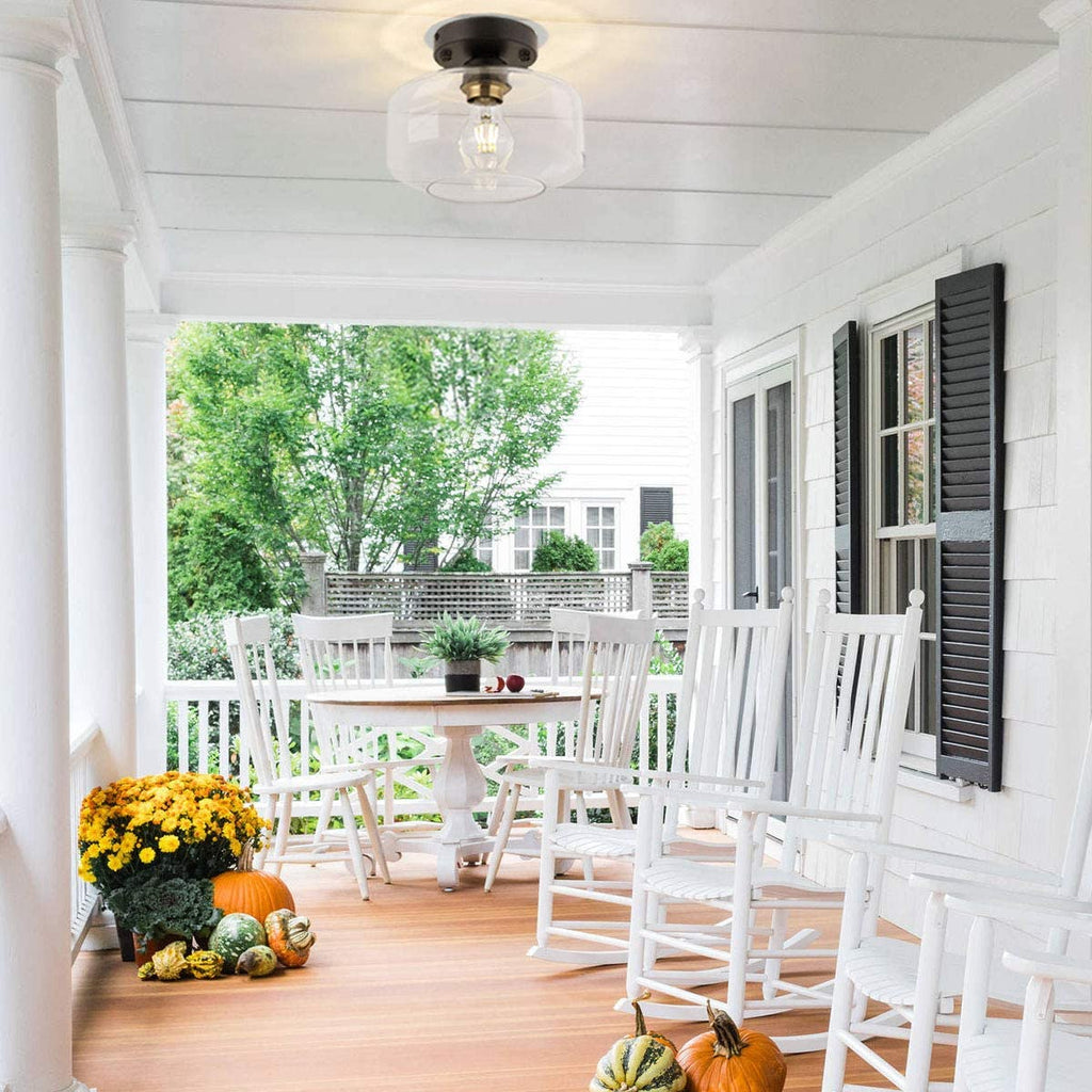 Semi Flush Ceiling Light, Brass Accent Socket, Upgraded Canopy, Matte Black Ceiling Light Fixture with Clear Glass for Hallway, Entryway, Dining Room, Bedroom,Living Room