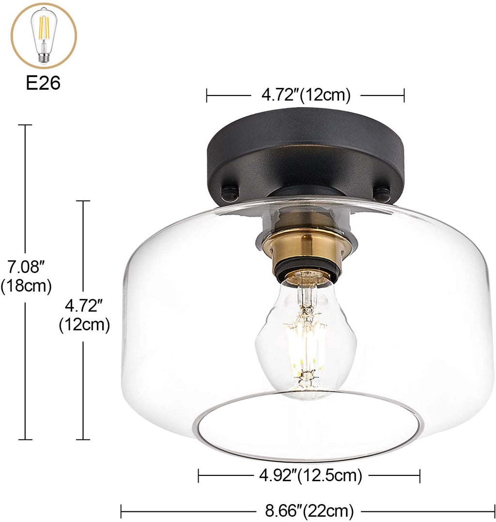 Semi Flush Ceiling Light, Brass Accent Socket, Upgraded Canopy, Matte Black Ceiling Light Fixture with Clear Glass for Hallway, Entryway, Dining Room, Bedroom,Living Room