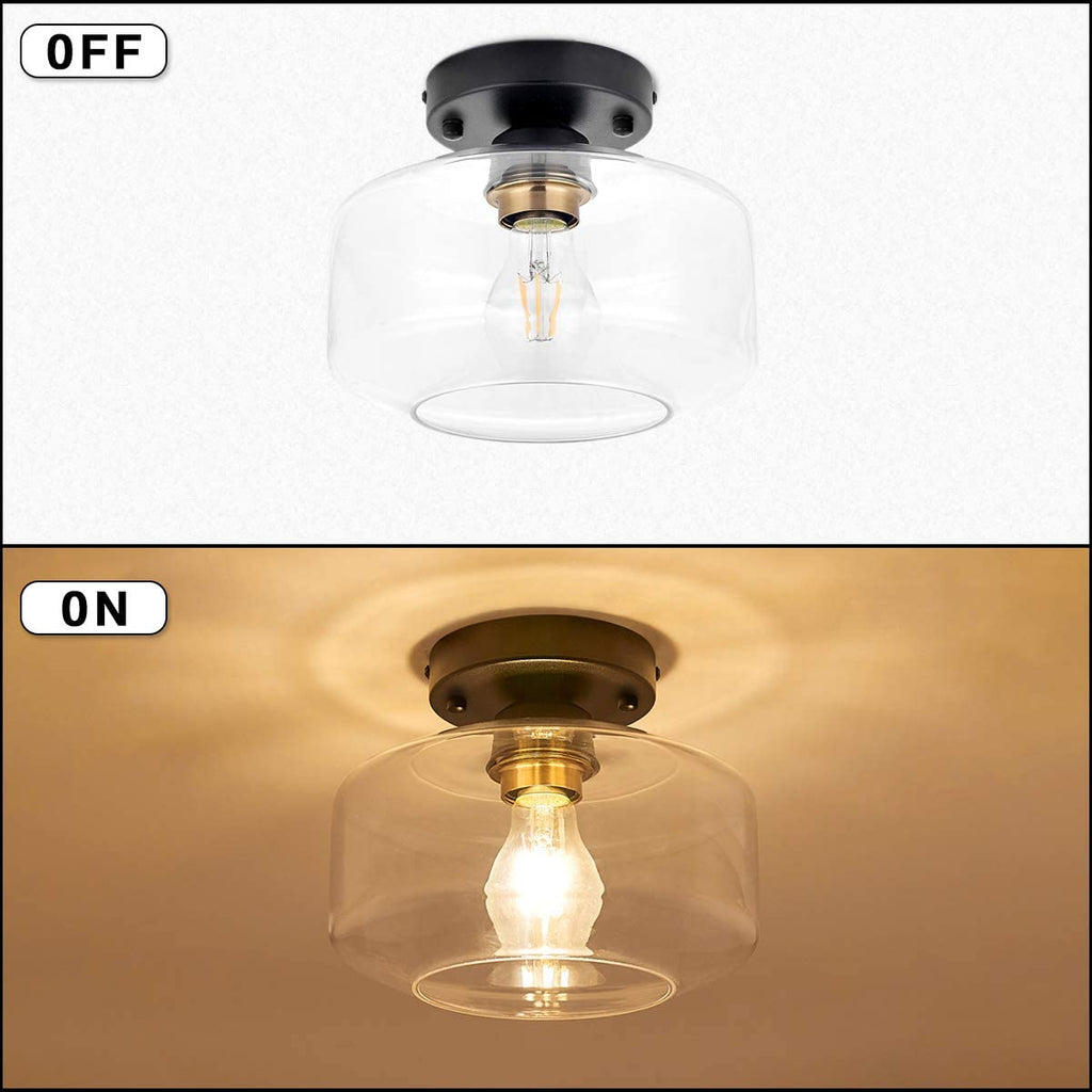 Semi Flush Ceiling Light, Brass Accent Socket, Upgraded Canopy, Matte Black Ceiling Light Fixture with Clear Glass for Hallway, Entryway, Dining Room, Bedroom,Living Room