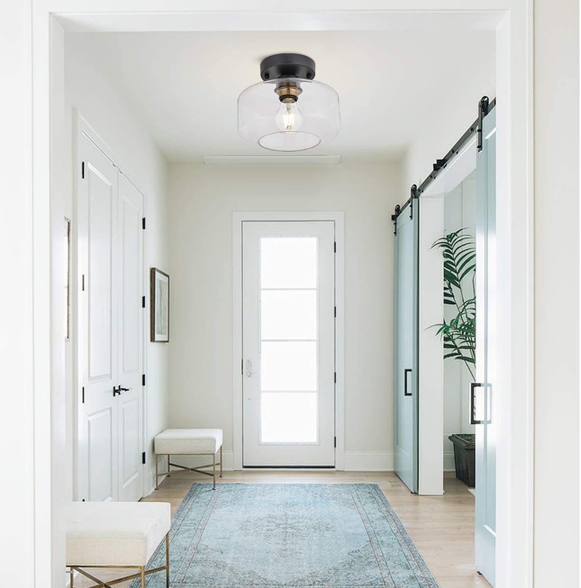 Semi Flush Ceiling Light, Brass Accent Socket, Upgraded Canopy, Matte Black Ceiling Light Fixture with Clear Glass for Hallway, Entryway, Dining Room, Bedroom,Living Room