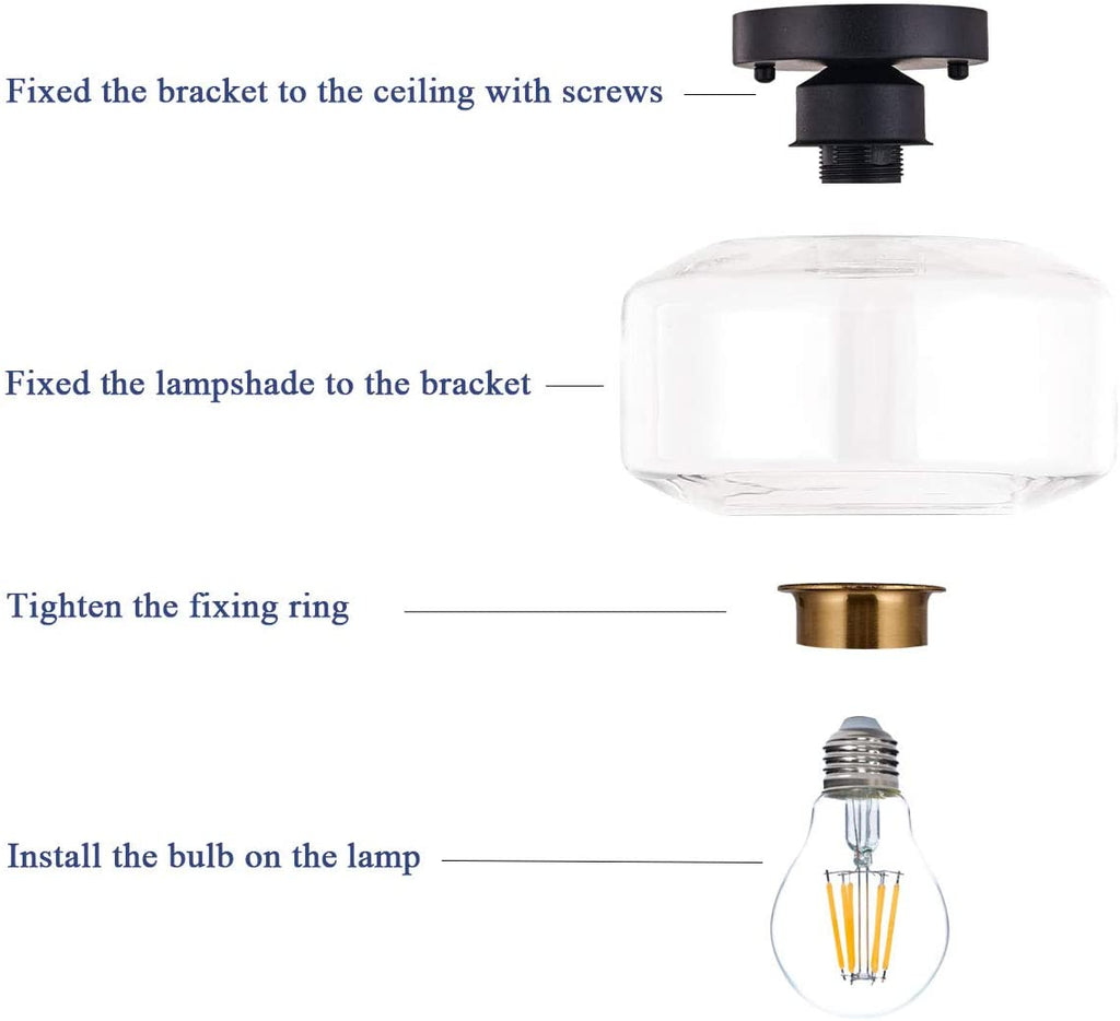 Semi Flush Ceiling Light, Brass Accent Socket, Upgraded Canopy, Matte Black Ceiling Light Fixture with Clear Glass for Hallway, Entryway, Dining Room, Bedroom,Living Room