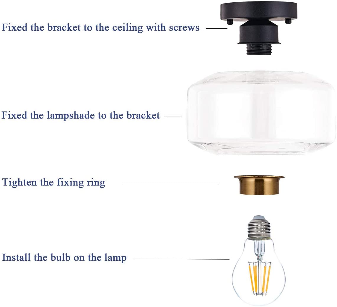 Semi Flush Ceiling Light, Brass Accent Socket, Upgraded Canopy, Matte Black Ceiling Light Fixture with Clear Glass for Hallway, Entryway, Dining Room, Bedroom,Living Room