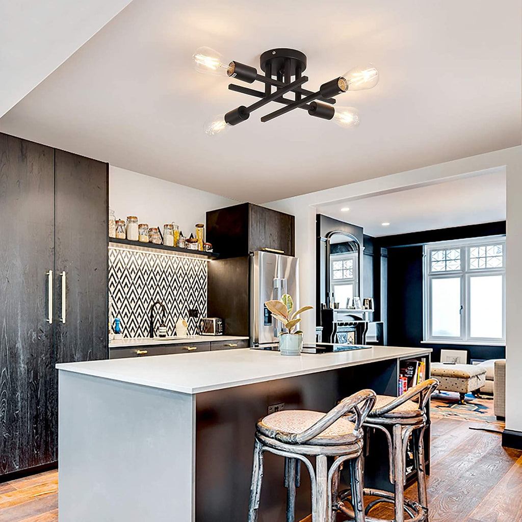 Semi Flush Mount 4 Light Ceiling Light Matte Black with E26 Base Modern Chandelier for Farmhouse Kitchen Dining Room Bedroom Study Living Room