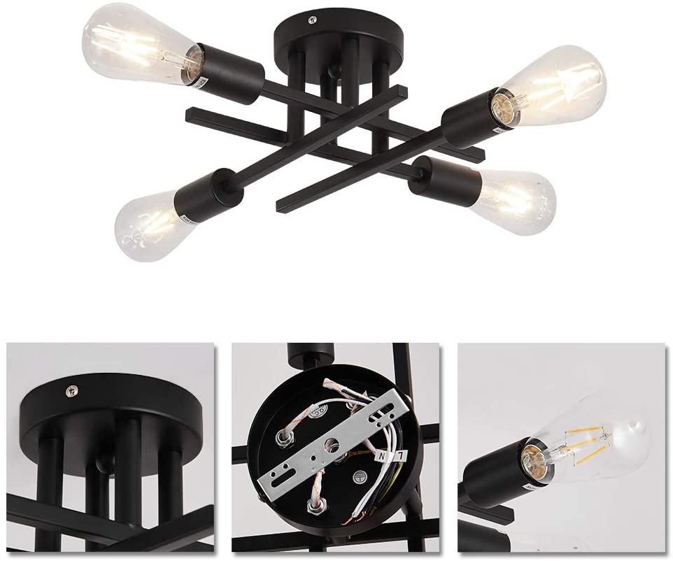 Semi Flush Mount 4 Light Ceiling Light Matte Black with E26 Base Modern Chandelier for Farmhouse Kitchen Dining Room Bedroom Study Living Room