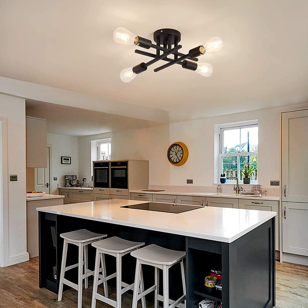 Semi Flush Mount 4 Light Ceiling Light Matte Black with E26 Base Modern Chandelier for Farmhouse Kitchen Dining Room Bedroom Study Living Room